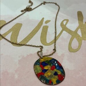 Colorful Abstract Enamel Patchwork Marble Design Stone Pendant Necklace